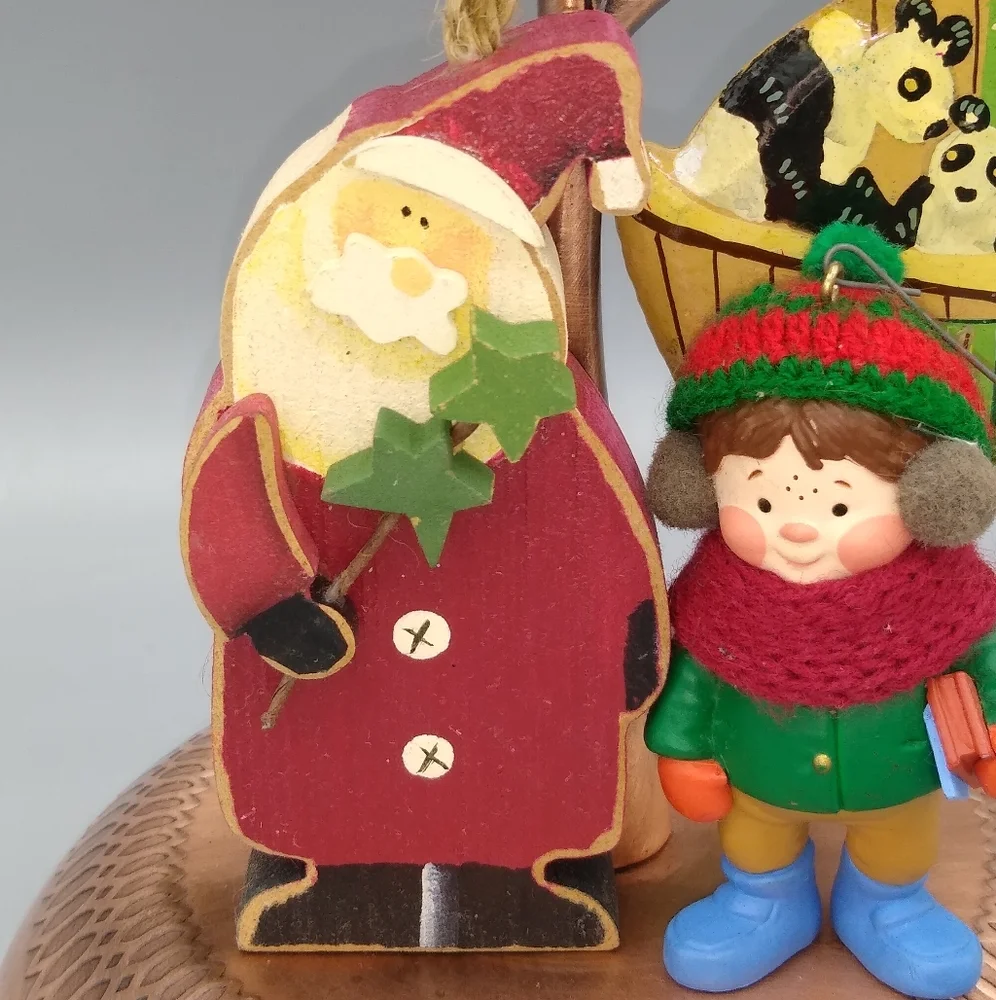 Christmas Tree Ornaments Wood Santa Glass Snowman Schoolboy Noah's Ark Set 5 Vtg